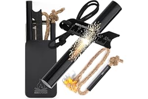 RKR OUTDOOR Flint and Steel Ferro Rod Fire Starter Kit + Tinder Wick Bellow with Box - 4" Length 1/2” Thick Ferro Rod with Multi-Tool Striker and Paracord Lanyard + Hemp Wick with Bellow