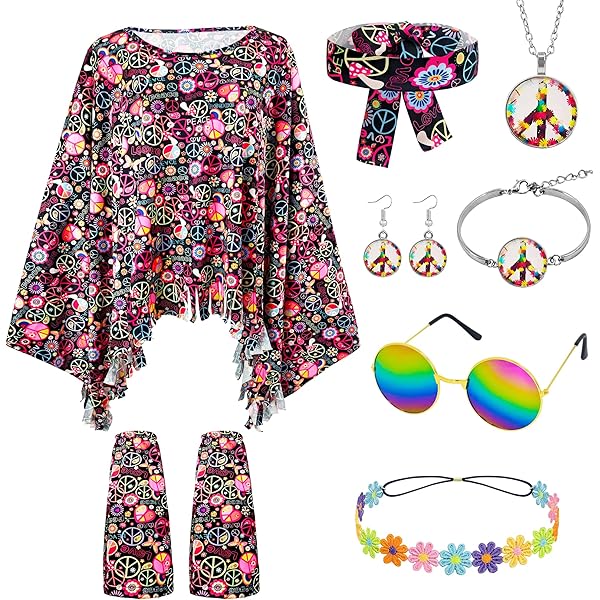 MRYUWB 70s-hippiejurk-kostuum voor dames, met halsketting, oorbellen, zonnebril, disco-kostuum, 60s-feestkostuum, Halloween retro-jurk (vintage jurk met liefde- en vrede-motief, XXL