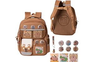 Wood Homing Capybara School Bag with Large Capacity Reflective Strips for Boys Girls Cute Cartoon Animal Backpack with Card Badge and Keychain Waterproof Multi-Compartment Rucksack for Student Kids