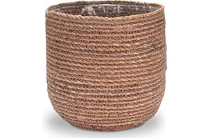 Decorasian Pot de Fleurs en jonc de mer - Cache-Pot tressé - Panier à Plantes décoratif avec Insert en Film Plastique dans Le Style Boho - Natuel/Rouge - 27cm