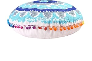 Stylo Culture Ethnisch Dekorativ Rund Bodenkissenbezug 45x45 cm Klein Bodensitzkissen Traditionell Weiß Boho Gestickte Suzani Pom Pom Spitze Baumwolle Blumen Bodenkissen Rund Kinderzimmer