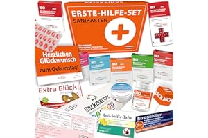 ‎MIESEPETER Miesepeter® Sanikasten | ERSTE-HILFE-SET | Geschenkbox, lustiges Geburtstagsgeschenk witziges Geschenkeset | Mit süßen und lustigen Leckereien (Happy Birthday Edition, L)