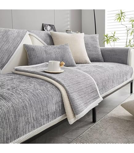 DUJUIKE Bankhoes L-vorm, bankovertrek, 3-zits, 2-zits, rugleuninghoezen, chenille-bankovertrek met visgraatpatroon, grijs, 90 x 160 cm, rechthoekig