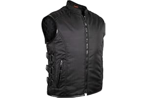 MDM Gilet Biker en Textile – Noir, Coupe-Vent et Déperlant, Côtés Réglables, Épaules Matelassées, Poches Intérieures et Extérieures