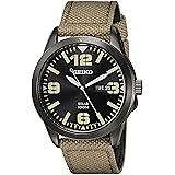 Seiko Men's SNE331 Sport Solar Black Stainless Steel Watch with Beige Nylon Band