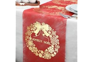 WELTRXE Chemin de Table Or Joyeux Noël 28cmx10m, Chemin de Table en Tissu Rouge avec Motifs à Couronne Dorés pour Noël, Emballage, Décoration