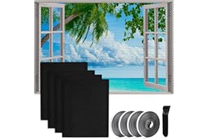 AUNHOKE Fly Screen for Windows, DIY 4 Pack 1.3 m x 1.5 m Window Netting for Insects with Self-Adhesive Tape and Press Tool for Keeping Flys/Bugs/Mosquitoes Out