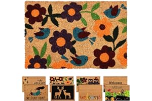 ZENQA Coir Door Mats Outdoor Indoor | Front Door Heavy Duty Doormat Thick Non Slip High Absorbency | Large 100% Natural Coir Dirt Trapper | Entrance Matting (Birds and Flowers)