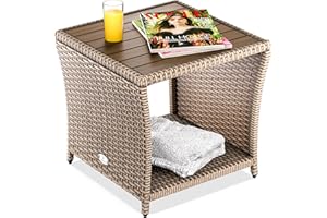 Casaria® Table d'appoint en polyrotin 45x45x40cm crème avec Plateau en Bois d'acacia Petite Table Basse de Jardin Balcon extérieur