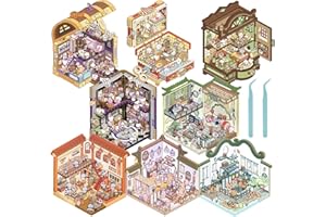 GUNIATA 8Pezzi DIY 3D House Stickers,Adesivi Decorativi 3D per Scene di Case in Miniatura,Divertenti Adesivi DIY per La Scena per Camere Piccole Flower House Café Bakery Biblioteca (8pcs,A)