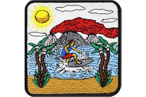 EXPRESS-STICKEREI Toppa ricamata ferro o cucitura: Surf Hawaii | Surfista tavola da surf | Applicazione termoadesiva Aloha Palme | Sport acquatici | 75x75mm