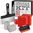 Modern Innovations Griddle Cleaning Kit - 20 Scouring Pads, 3 Grill Bricks, 1 Indoor Grill Scraper, 1 Handle, Pumice Stone Brick, Compatible with Blackstone & Weber, BBQ Flat Top Cleaner Accessories