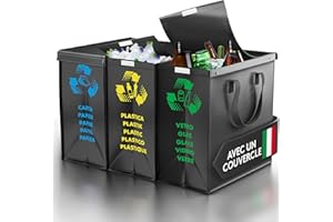 PTMS® Sac tri selectif avec un COUVERCLE - Poubelle tri selectif 3 bac pour le verre, le papier et le plastique - Déchets et recyclage poubelle tri des déchets - Poubelle cuisine facile à vider