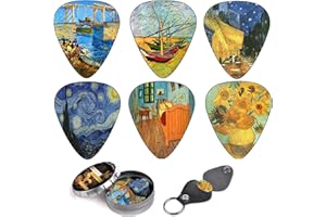 ART TRIBUTE Médiators Celluloïd Medium Vincent Van Gogh Pack de 12 avec Porte-Médiator en Cuir et Boîte Désignée Meilleur Joueur de Guitare Cadeau Premium pour Fan de Guitare – Médiators à Thème