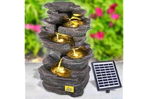AMUR Solar Gartenbrunnen Brunnen Zierbrunnen Zimmerbrunnen Springbrunnen Brunnen mit LED-Licht und Li-Ion-Akku Wasserfall Wasserspiel (Solar-Gartenbrunnen KÖNIGS-FELS mit Led-licht)
