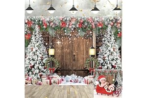 CINRAY Toile de fond de Noël d'hiver de 2,1 x 1,5 m avec porte en bois rustique pour photographie de Noël, arbre de Noël, cadeau de neige pour enfants et adultes, fournitures de décoration de fête,