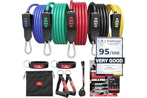 BEMAXX Zestaw taśm oporowych z eBookiem treningowym | Taśmy do ciężkich obciążeń: 5 lateksowych sznurków treningowych + uchwyty, kotwica drzwi paski kostki trening całego ciała gimnastyka sport