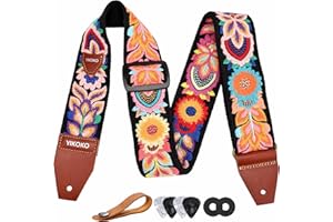 YIKOKO Gitarrengurt 5,1 cm Baumwolle Gitarrengurte mit Vollnarbenlederende für Bass-, Elektro- und Akustikgitarren