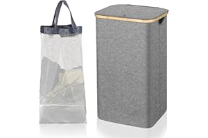 wintfarm 110L Wäschekorb mit Deckel großer Waschenkorbe mit Bambusgriffen, tragbarer Kleiderkorb für Schlafsaal, Badezimmer, grauer faltbarer Wäschesammler Laundry Baskets für Schrank(Grau)