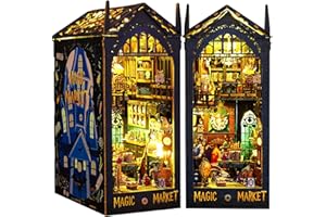 BuzzoXerex Book Nook Kit, miniaturowy dom, miniaturowy dom, drewno 3D, zestaw narożny z meblami i lampami LED, do dekoracji domu, kreatywny prezent (magiczny bazar)
