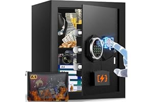 Mejasg Caja fuerte de 42 litros para huellas dactilares con bolsillo ignífugo A4, para el hogar, con estante extraíble y sistema de alarma dual, caja fuerte digital para guardar dinero en efectivo,