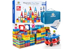 SUNNY AUNTIE Magnetic Tiles 180 PCS+ 6 FIGURES+ CASE, Magnetic Tiles for Kids, Toy for 3 4 5 6 7 8 Year Old Boys & Girls, Magnetic Tiles Building Set Construction STEM Toy, A Great Gift for Kids Aged 3-8