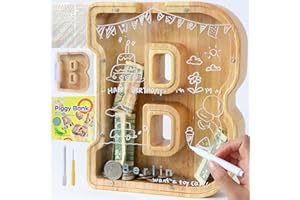 Lakpopya Spardose für Kinder Jungen Mädchen Sparschwein Kinder Spardose Personalisiert Durchsichtig Spardose Buchstabe Holz A-Z mit Zielbereich & Aufkleber & Marker, Taufe Geschenk Dekoration (B)