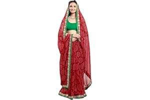 Jaanvi fashion Damen Chiffon Bandhani bedruckter Sari mit Spitze und Blusenteil mit ungenähter Bluse, rot, One size