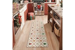 GENIMO PVC Weihnachts Küchenteppich, NO Pile, Wasserdicht & Ölbeständig, Ergonomische Küchenmatte, Festliche Deko mit Lebkuchenmann & Tannen Motiv, 60×180 cm