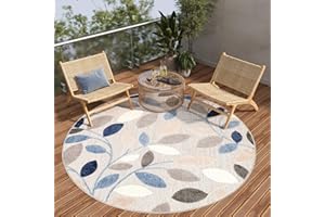 TAPISO Patio - Tappeto rotondo per interni ed esterni, grigio, con foglie, effetto sisal, resistente, resistente alle intemperie, in tessuto piatto, per terrazze, soggiorno, certificato Öko-Tex 160 x