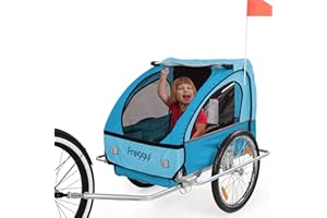 FROGGY Kinder Fahrradanhänger mit Federung + 5-Punkt Sicherheitsgurt Radschutz Anhänger für 1 bis 2 Kinder Design Sky