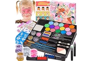 Chennyfun Colori Trucco Viso Bambini, 16 Colori Body Paint Tavolozza con Disegni Libro di Insegnamento, Split Cake Face Paint, 4 Glitter, 3 Pennelli - Kit Halloween Trucco Carnevale Pasquale