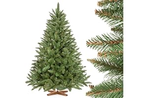 FairyTrees árbol de Navidad Artificial 150cm Abeto Natural con el Soporte de Madera | árbol Artificial con el Tronco Verde | Fabricado en EU