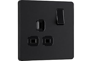 BRITISH GENERAL BG Electrical Single Switched Power Plug Wall Socket, Screwless Front Plate, Round Edges, Evolve, Matt Black, 13A, PCDMB21B
