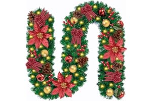 Purpledi Guirnalda de Navidad, Corona de Navidad Artificial con Luces, Corona de Navidad de Iluminación LED de 2,7 m, Guirnalda Festiva de Navidad de Pino, escaleras, Chimenea