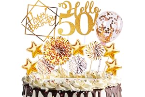 HCSSZ Tortendeko Geburtstag,Happy Birthday 50 jahre Kuchendeko Frauen mädchen,50. Cake Topper,Cupcake Topper mit Sternen Konfetti-Luftballons und Papierfächer für 50 Geburtstag