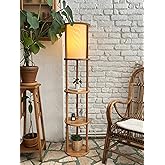 Lamp with Lona Shelf, 3 Tiers Wooden Floor Lighting, Solid Modern Decorative Lamp with Linen Lampshade