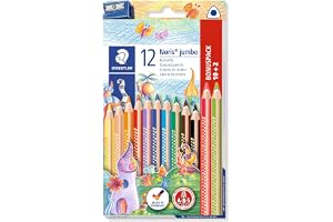STAEDTLER Noris Jumbo 128 Färgpennor – 12 färger, trekantig | Ergonomisk jumboform, A·B·S-brytresistens – FSC-trä, för barn &