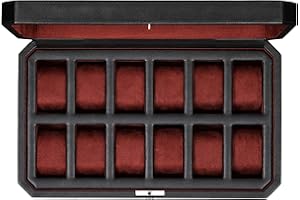 ROTHWELL 12 Slot Leder Uhrenbox - Luxus Uhrengehäuse Display Organizer, Herren Aufbewahrungsboxen Halter Große Glasplatte (Schwarz/Rot)