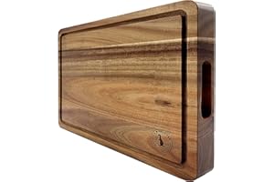 LA MONGOOSE Acacia Wood 16 x 12 x 1.5inch Thick (40.5 x 30.5 x 4cm) Extra-Large Chopping Board Juice Groove Hand Grips Snack Holder Dark Edge Grain Wooden Butcher Block Cheese Plate Server Deluxe Birthday Gift
