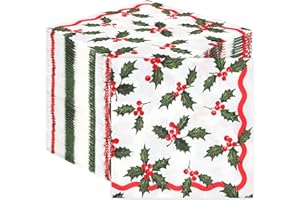 Talking Tables 100 x Christmas Napkins Paper Xmas Disposable Serviettes with Holly and Berries - Family Friendly Festive Tableware Decorations Red and White and Green 2ply 33cm