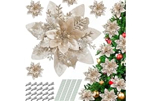 Serwalin 20pcs 14cm Weihnachten Blumen künstliche Champagner Gold Blumen Dekorationen mit Clips Stiele Glitter Weihnachtsbaum Ornamente Weihnachten Hochzeit Party Kranz Girlanden DIY (Champagner)