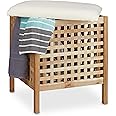 Relaxdays Walnut Storage Seat with Hamper, 52 x 49 x 49 cm, Bathroom Ottoman with Cushion and 52 L Hamper, Footstool Ottoman Seat Chair with Storage Room, of Sturdy Walnut Wood, Light Brown & White