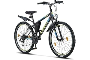 Licorne Bike Guide Bicicleta de montaña de 26 Pulgadas, Cambio de 21 velocidades,suspensión de Horquilla,Bicicleta para niños y niñas,Bolsa para Cuadro,Negro/Azul/Verde Lima