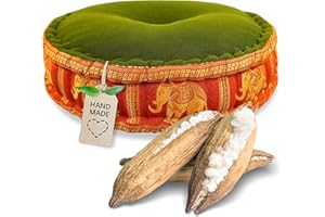 livasia meditation cushion with Thai silk - Ø 18x6″ - Yoga cushion kapok, Pouffe, Floor cushion yoga Zen meditation, Seat cushion garden balcony, Zafu (Green/Orange/Elephants, Silk)