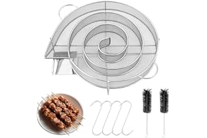 BUCOMTU 7 Stücke Kaltrauchgenerator Edelstahl Set,Rund Räucherschnecke mit Henkel,Sparbrand Räucherofen,mit 4 Fleischhaken+2 Reinigungsbürste,Fleischräucherofen für Kugelgrills,Smoker und Räucheröfen,Mehrweg