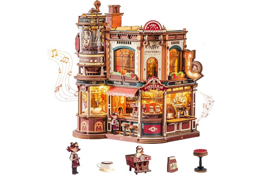 ROKR Dream Coffee Factory EAB02 Miniature House Kits for Adults Wooden Coffee Shop Model with Moving Parts, LED Lights & Jazz Music, Creative Gift Idea