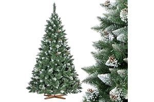 Albero di Natale artificiale FairyTrees 220cm pino naturale con supporto in legno | Abete di Natale con pigne naturali e punte bianche innevate | Facile da Montare | Prodotto in EU