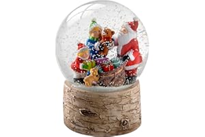 WeRChristmas Schneekugel mit Weihnachtsmann und Kindern, Sockel in Birkenholz-Optik, Weihnachtsdekoration, 13 cm, Mehrfarbig