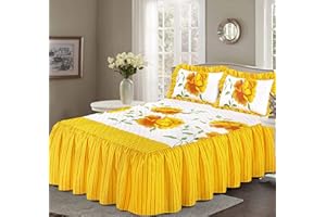 QM-Bedding® Designer Luxuries Luxury Floral and Stripes Design Quilted Bed Spreads With 23" Deep Frill NZ (Rosaleen Yellow, Double)